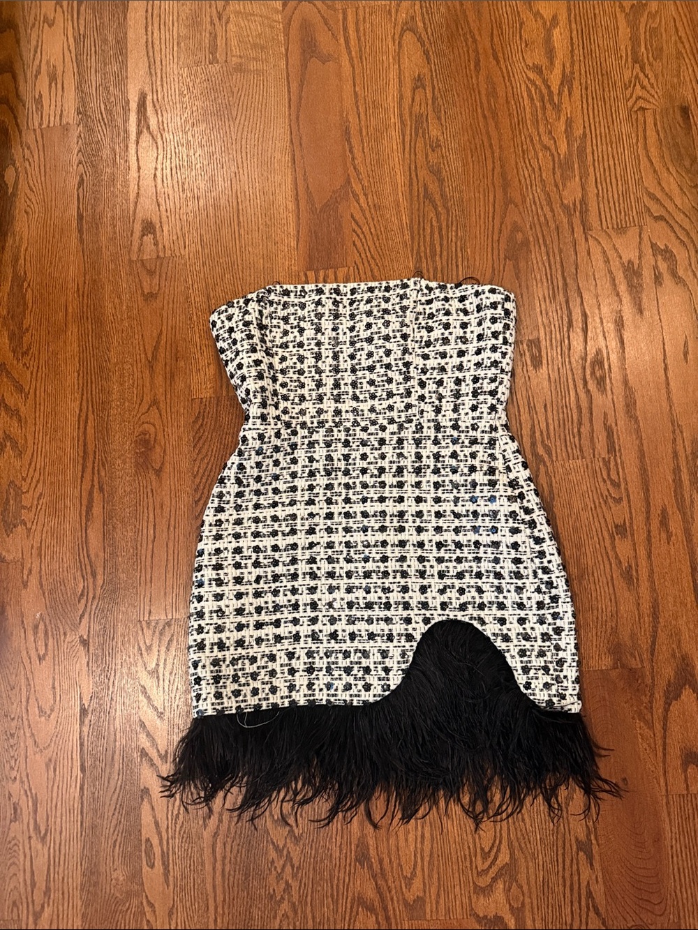 Amanda Uprichard Black and White Tweed Strapless Mini Dress with Feather Hem